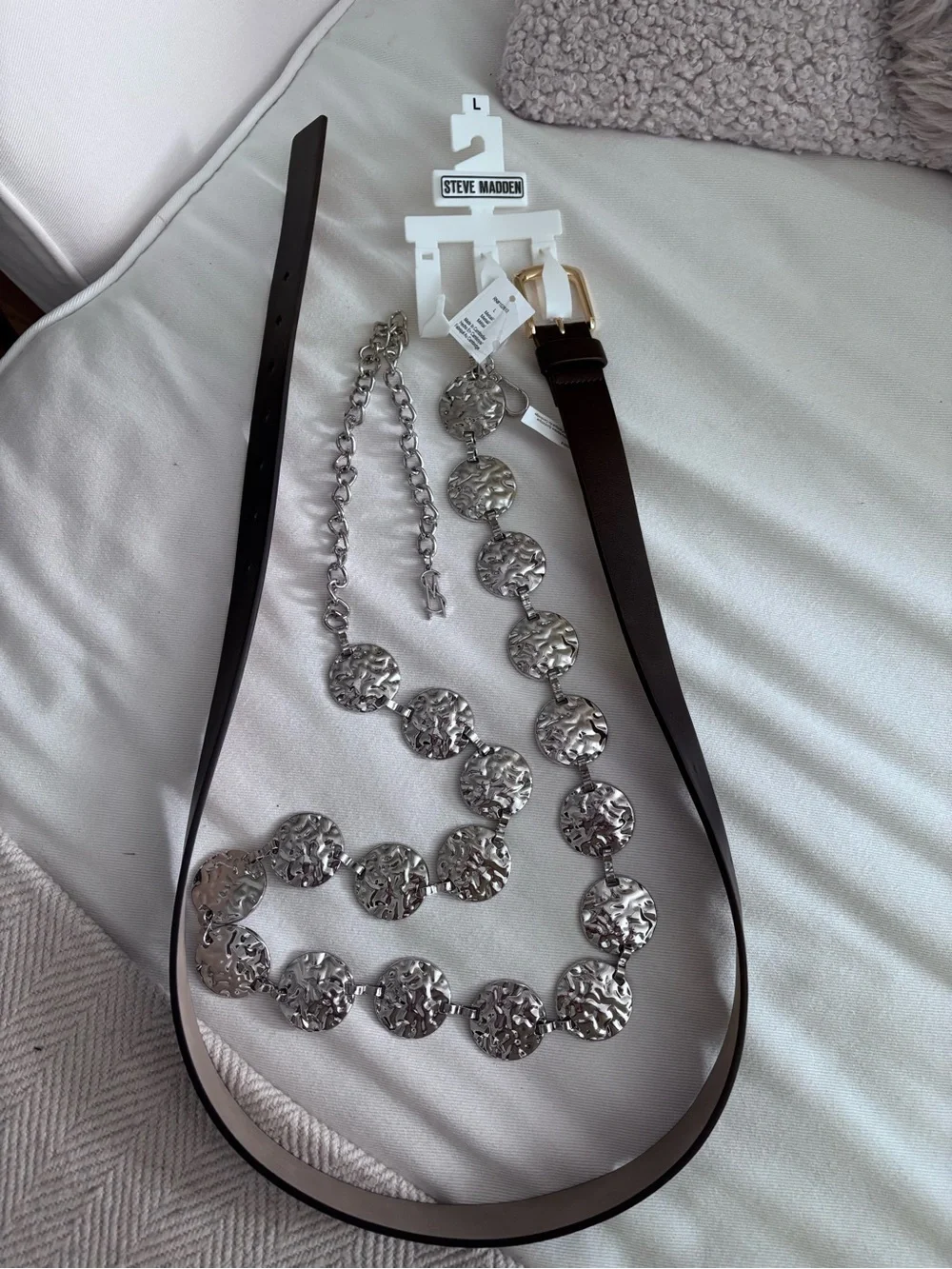 NEW Steve Madden Silver Medallion Link Belt and Brown Belt Pair